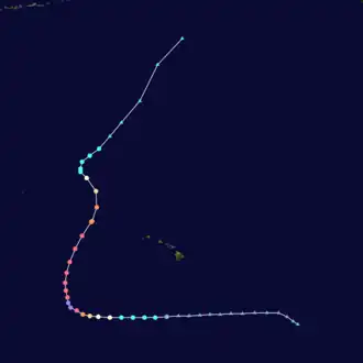 Map plotting the track and the intensity of the storm, according to the Saffir–Simpson scale