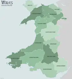 A map of the thirteen historic counties of Wales, .