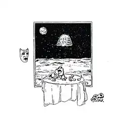 A black-and-white line drawing of drama masks broken on the moon around a candelit dinner with a sphinx in the background between the moon and Earth