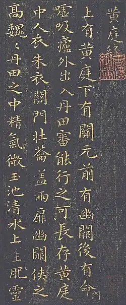 Five columns of Chinese characters on a black background, with a seal in red ink.