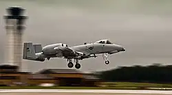An A-10C Thunderbolt II assigned to the 122nd Fighter Wing landing at Fort Wayne Air National Guard Base in 2015