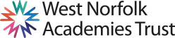 5 'W's of green, light blue, dark blue, pink and orange clockwise, connected at the base corners to form a star in the centre, next to the words 'West Norfolk Academies Trust'.