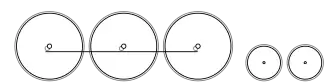 Diagram of three large driving wheels joined together with a coupling rod, and two small trailing wheels