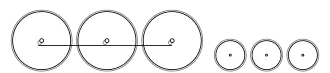 Diagram of three large driving wheels joined by a coupling rod, and three small trailing wheels