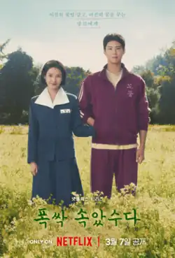 The promotional poster of "When Life Gives You Tangerines" shows IU and Park Bo-gum holding hands while standing on a field of yellow flowers.