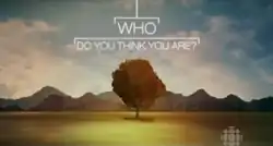 A rusty-orange leafed tree in the flat prairie grass with the Rocky Mountains in the background and the text 'Who Do You Think You Are?' above styled as a family tree