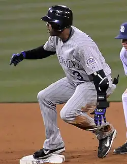 A Rockies player during a game.