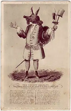 Old-fashioned allegorical print of a man in a long buttoned coat and hose, wearing a sword and holding tools in his hand, with a pig's head and donkey's ears