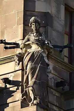 Woman holding a sewing machine, Forsyth's, corner of Princes Street and South St. Andrew's Street