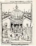Woodcut of a Sikh family visiting Gurdwara Baba Atal, Amritsar (circa 1870)