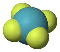 A model of planar chemical molecule with a blue center atom (Xe) symmetrically bonded to four peripheral atoms (fluorine).
