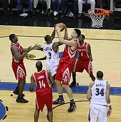 Yao Ming battles Caron Butler for a rebound during the Washington Wizards v/s Houston Rockets game on Nov 21, 2008 at Verizon Center in Washington, D.C.