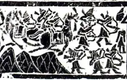 Yinan tombs relief, depicting an attack by Hu barbarians with pointed hats, bow and arrows. 2nd century AD, Eastern Han.[243]