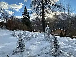 Breath of Nature, Path of Humanity 1, Performance, snow, silver foils for rescue, Château-d’Oex, Switzerland