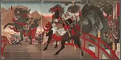 Tsukioka Yoshitoshi's Zhang Fei on the Long Sloped Bridge Turning Away One Million Wei Troops with a Powerful Stare (c. 1883)