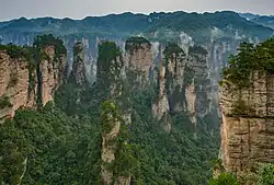 Landscape with numerous sandstone pillars partially covered in vegetation