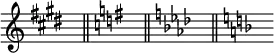 { \omit Score.TimeSignature \key e \major s8^"" \bar "||" \key g \major s^"" \bar "||" \key aes \major s^"" \bar "||" \key f \major s^""}