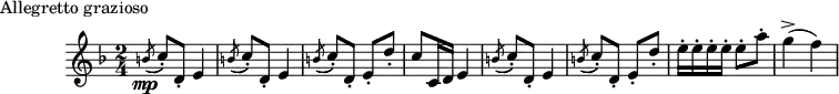 \header {
piece = "Allegretto grazioso"
tagline = ""
}
\score {
\layout { }
\new staff {
\time 2/4
\key f \major
\relative c'' {
\acciaccatura b8\mp( c-.) d,-. e4 |
\acciaccatura b'8( c-.) d,-. e4 |
\acciaccatura b'8( c-.) d,-. e-. d'-. |
c c,16 d e4 | \acciaccatura b'8( c-.) d,-. e4 |
\acciaccatura b'8( c_.) d,-. e-. d'-. |
e16-. e-. e-. e-. e8-. a-. | g4->( f)
}
}
\midi {
\tempo 4 = 96
}
}