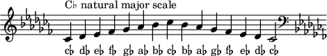 \header { tagline = ##f }
scale = \relative b { \key ces \major \omit Score.TimeSignature
ces^"C♭ natural major scale" des es fes ges as bes ces bes as ges fes es des ces2 \clef F \key ces \major }
\score { { << \cadenzaOn \scale \context NoteNames \scale >> } \layout { } \midi { } }