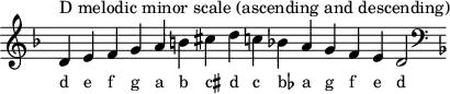 \header { tagline = ##f }
scale = \relative b { \key d \minor \omit Score.TimeSignature
d^"D melodic minor scale (ascending and descending)" e f g a b cis d c! bes! a g f e d2 \clef F \key d \minor }
\score { { << \cadenzaOn \scale \context NoteNames \scale >> } \layout { } \midi { } }