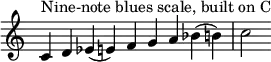 {
\override Score.TimeSignature #'stencil = ##f
\relative c' {
\clef treble \time 9/4
c4^\markup { "Nine-note blues scale, built on C" } d es( e) f g a bes( b) c2
} }