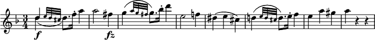  {
  \relative d'' {
     \key d \minor \time 3/4
     << \new Voice { \stemUp \slurDown d4( \f \grace { e32 d cis } \stemDown d8.) f16-. a4 }
        \new Voice { d, 4 } >>
     a'2 fis4 \fz
     g4( \grace { a32 g fis } g8.) bes16-. d4
     e,2 f!4
     dis4( e cis)
     d!4( \grace { e32 d cis } d8.) e16-. f4
     e4 a gis
     a4 r r
  }
} 