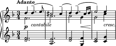 \parallelMusic voiceA, voiceB, voiceC {
d4 d4.--( e8 |
f2. |
<d f>2. |
cis2) cis4--( |
a2. |
<e a,> |
d4) d4.--( c16 d |
a2 g4 |
<d f>2 <g, f'>4 |
e2) e4 |
g2 c4 |
<c e>2 <c g'>4 |
}
\relative c {
\new PianoStaff <<
\new Staff {
\key f \major
\time 3/4
\set Score.tempoHideNote = ##t
\tempo "Adante" 4 = 76
<<
\relative c'' \voiceA
\\
\relative c' \voiceB
>>
}
\new Dynamics {
s4\p s2^\markup { \italic "cantabile" } |
s2. |
s2 s8.\< s16\! |
s2 s4^\markup { \italic "cresc." } |
}
\new Staff {
\key f \major
\time 3/4
<<
\relative c' \voiceC
>>
}
>>
}