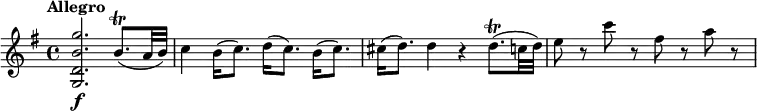 \relative c' {
\override Score.NonMusicalPaperColumn #'line-break-permission = ##f
\tempo "Allegro"
\key g \major
<g d' b' g'>2.\f b'8.\trill( a32 b) |
c4 b16( c8.) d16( c8.) b16( c8.) |
cis16( d8.) d4 r d8.\trill( c32 d) |
e8 r c' r fis, r a r |
}