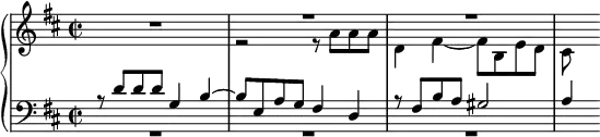 \language "english"
{
<<
\new PianoStaff <<
\new Staff = "RH" \relative c'' {\key d \major \time 2/2
R1 | << {R1} \\ {r2 r8 a a a} >> | << {R1} \\ {d,4 fs~ fs8 b, e d} >> | << {s4} \\ {cs8} >> }
\new Staff = "LH" \relative c {\key d \major \clef bass \time 2/2
<< {r8 d' d d g,4 b~} \\ {R1} >> | << {b8 e, a g fs4 d} \\ {R1} >> | << {r8 fs b a gs2} \\ {R1} >> | << {a4} \\ {s4} >>}
>>
>>
}