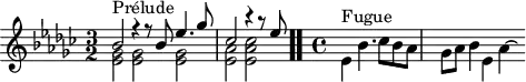 \version "2.18.2"
\header {
tagline = ##f
}
\score {
<<
\relative c' {
\key ees \minor
\time 3/2
%% INCIPIT CBT I-8, BWV 853, D-sharp minor
<< { s4*0^\markup{Prélude} bes'2 r4 r8 bes8 ees4. ges8 ces,2 r4 r8 ees8 } \\ { < ges, ees >2 q q | \once \override Staff.TimeSignature #'stencil = ##f \time 4/4 < aes ees > < ces aes ees > } >> \bar ".."
\skip 16*1
\override Staff.Clef.extra-offset = #'( -1 . 0 )
\time 4/4
s4*0^\markup{Fugue} \stemDown ees,4 bes'4. ces8 bes aes | \once \override Staff.TimeSignature #'stencil = ##f \time 5/4 ges aes bes4 ees, aes~ \hideNotes aes16
}
>>
\layout {
\context { \Score \remove "Metronome_mark_engraver"
\override SpacingSpanner.common-shortest-duration = #(ly:make-moment 1/2)
}
}
\midi {}
}