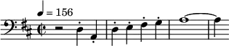 \relative c { \set Staff.midiInstrument = #"cello" \clef bass \time 2/2 \tempo 4 = 156 \key d \major r2 d4-. a-. | d-. e-. fis-. g-. | a1~ | a4 }