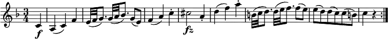  \relative c' {
\key f \major \time 3/4
\partial 4 c4 \f | a4( c) f
e32( f g8.) g32( a bes8.) g8( e)
f4( a) c-. | cis2 \fz a4-.
d4( f) a-.
b,32( c d8.) d32( e f8.) f8( e)
e8( d) d( c) c( b) | c4 r \bar ":|."
} 