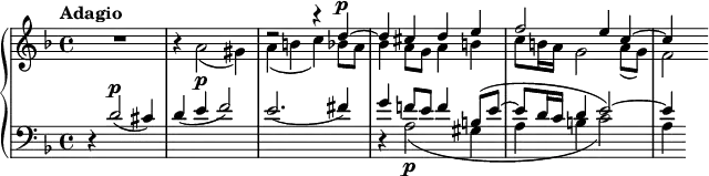 { \new PianoStaff <<
\new Staff <<
\tempo Adagio
\set Staff.midiInstrument = #"clarinet"
\new Voice \relative c'' {
\set Score.tempoHideNote = ##t \tempo 4 = 46
\stemUp \clef treble \key d \minor \time 4/4
s1 s1 r2 r4 d^\p^~ d cis d e f2 e4 c^~ c4
}
\new Voice \relative c'' {
\stemDown
R1 r4 a2\p_( gis4) a_( b c) bes8 a bes4 a8 g a4 b c8 b16 a g2 a8_( g) f2
}
>>
\new Staff <<
\set Staff.midiInstrument = #"bassoon"
\mergeDifferentlyHeadedOn
\mergeDifferentlyDottedOn
\new Voice \relative c' {
\stemUp \clef bass \key d \minor \time 4/4
r4 d2^\markup {\dynamic p}( cis4) d( e f2) e2.( fis4) g f!8 e f4 b,8^( e^~ e8 d16 c d4 e2^~) e4
}
\new Voice \relative c' {
\stemDown
s1 s1 s1 r4 a2\p_( gis4 a b c2) a4
}
>>
>> }