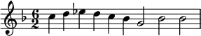 {
\time 6/2
\clef treble
\key d \minor
c''4 d'' ees'' d'' c'' bes' g'2 bes' bes'
}