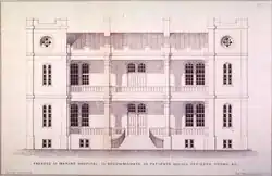 An architectural line drawing of the facade of a building