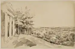 The portico of a classical-style temple on a hillside (far left) overlooking lower lying land (centre and right)