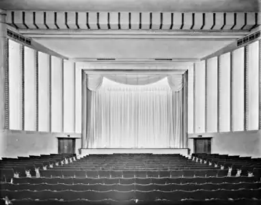 The seats, curtains and screen inside the theatre itself.