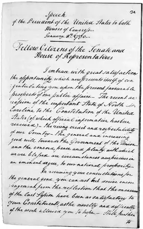 Seven-page manuscript of the 1790 State of the Union Address.